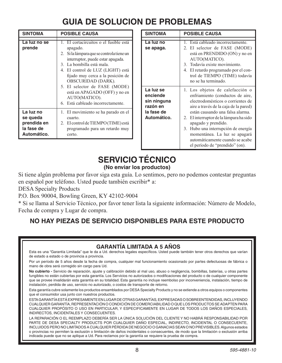 Guia de solucion de problemas, Servicio técnico | Heath Zenith Motion Sensor Wall Switch SL-6105 User Manual | Page 8 / 12