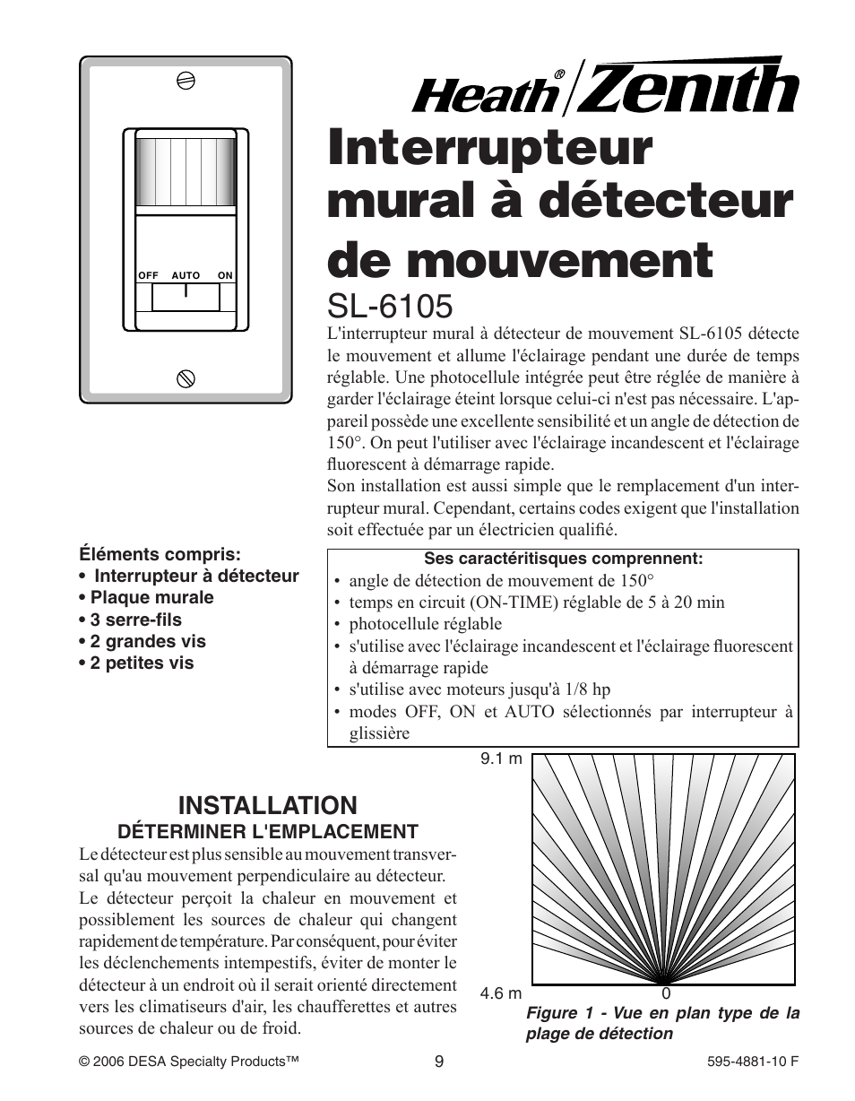 Interrupteur mural à détecteur de mouvement, Sl-6105, Installation | Heath Zenith Motion Sensor Wall Switch SL-6105 User Manual | Page 9 / 12