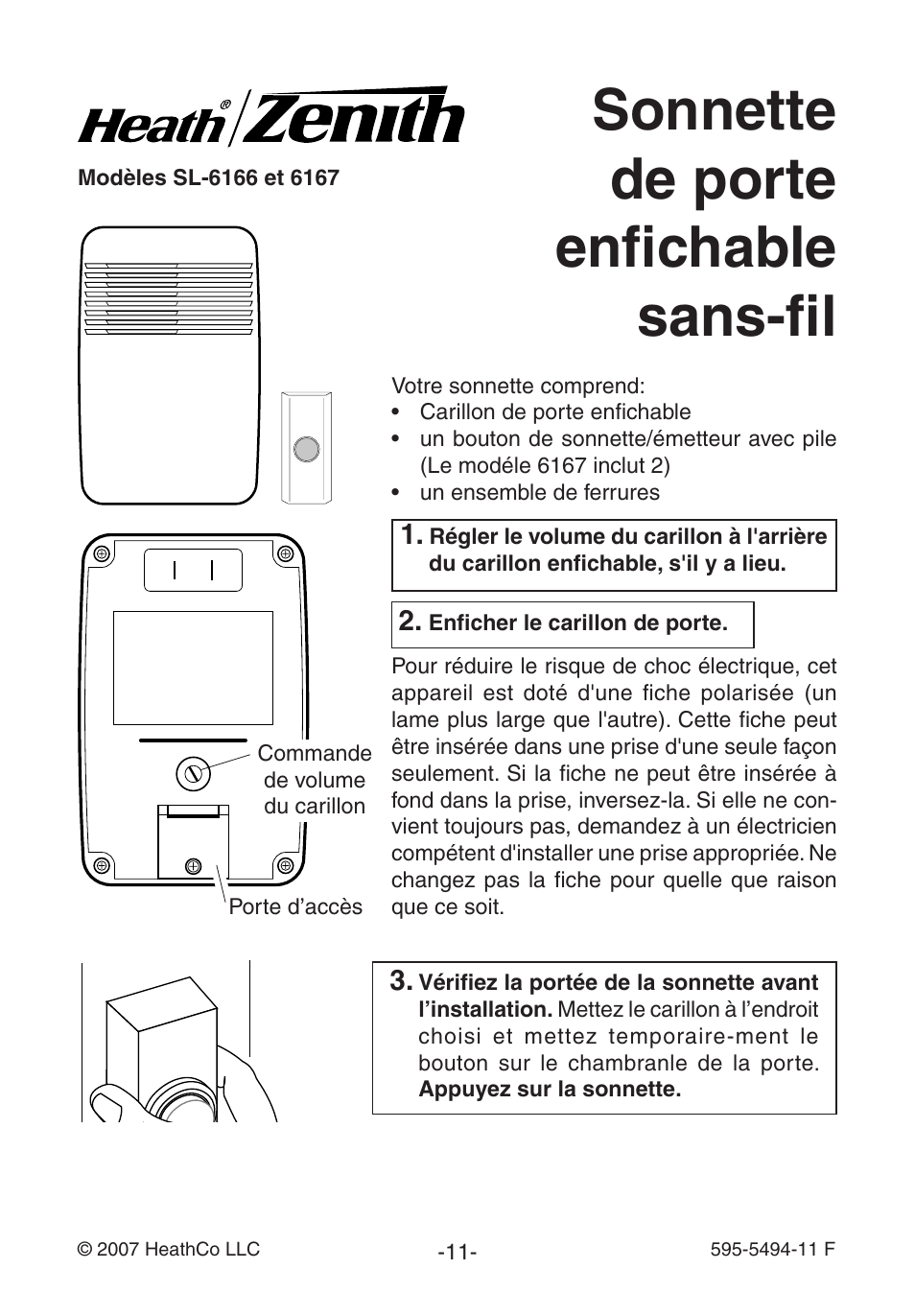 Sonnette de porte enfichable sans-fil | Heath Zenith SL-6166 User Manual | Page 11 / 16