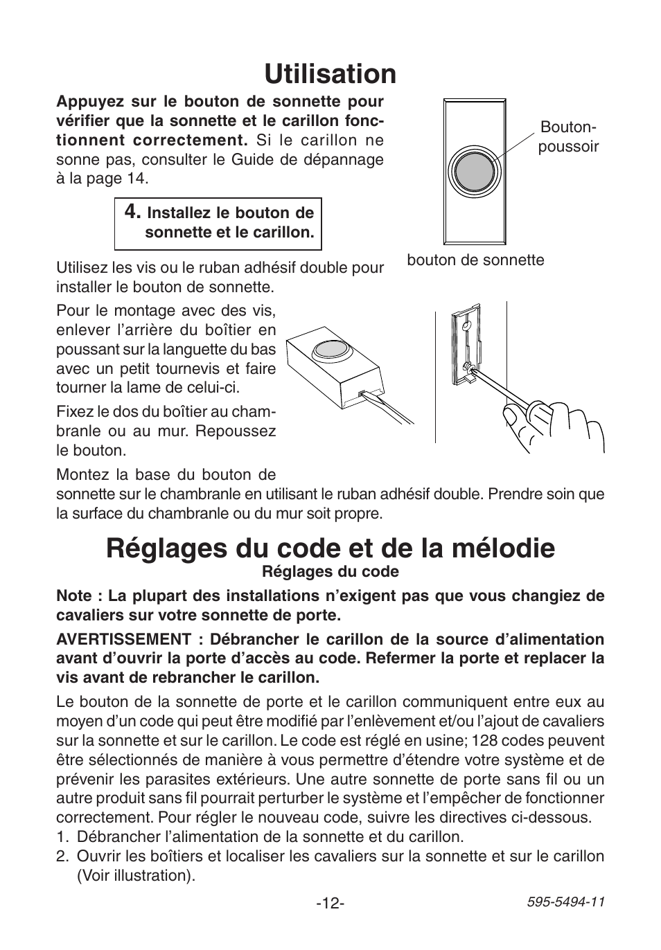 Utilisation, Réglages du code et de la mélodie | Heath Zenith SL-6166 User Manual | Page 12 / 16