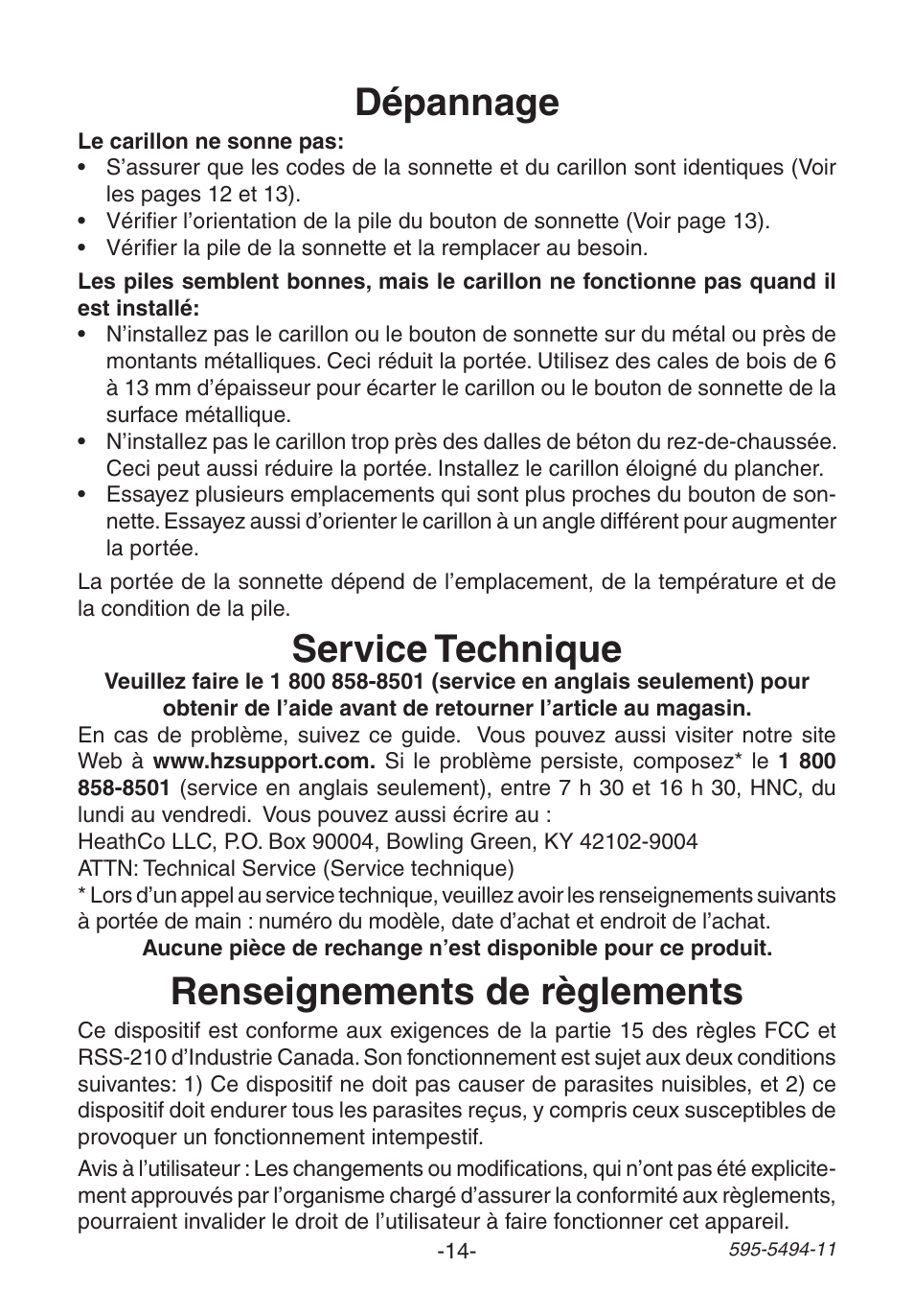 Dépannage, Service technique, Renseignements de règlements | Heath Zenith SL-6166 User Manual | Page 14 / 16