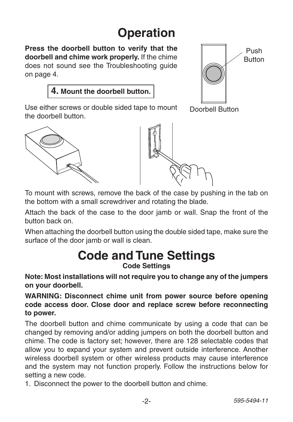 Operation, Code and tune settings | Heath Zenith SL-6166 User Manual | Page 2 / 16