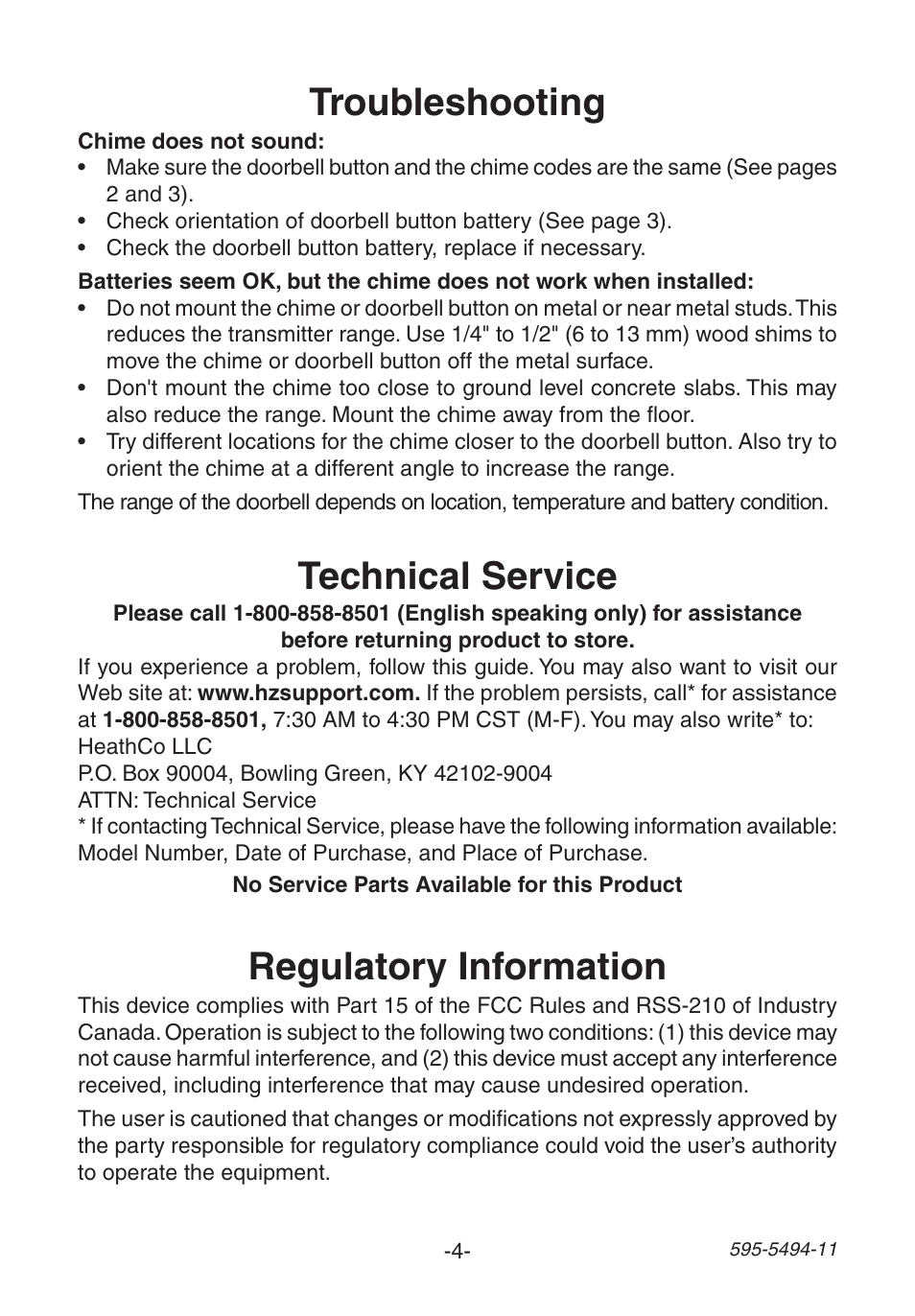 Troubleshooting, Regulatory information, Technical service | Heath Zenith SL-6166 User Manual | Page 4 / 16