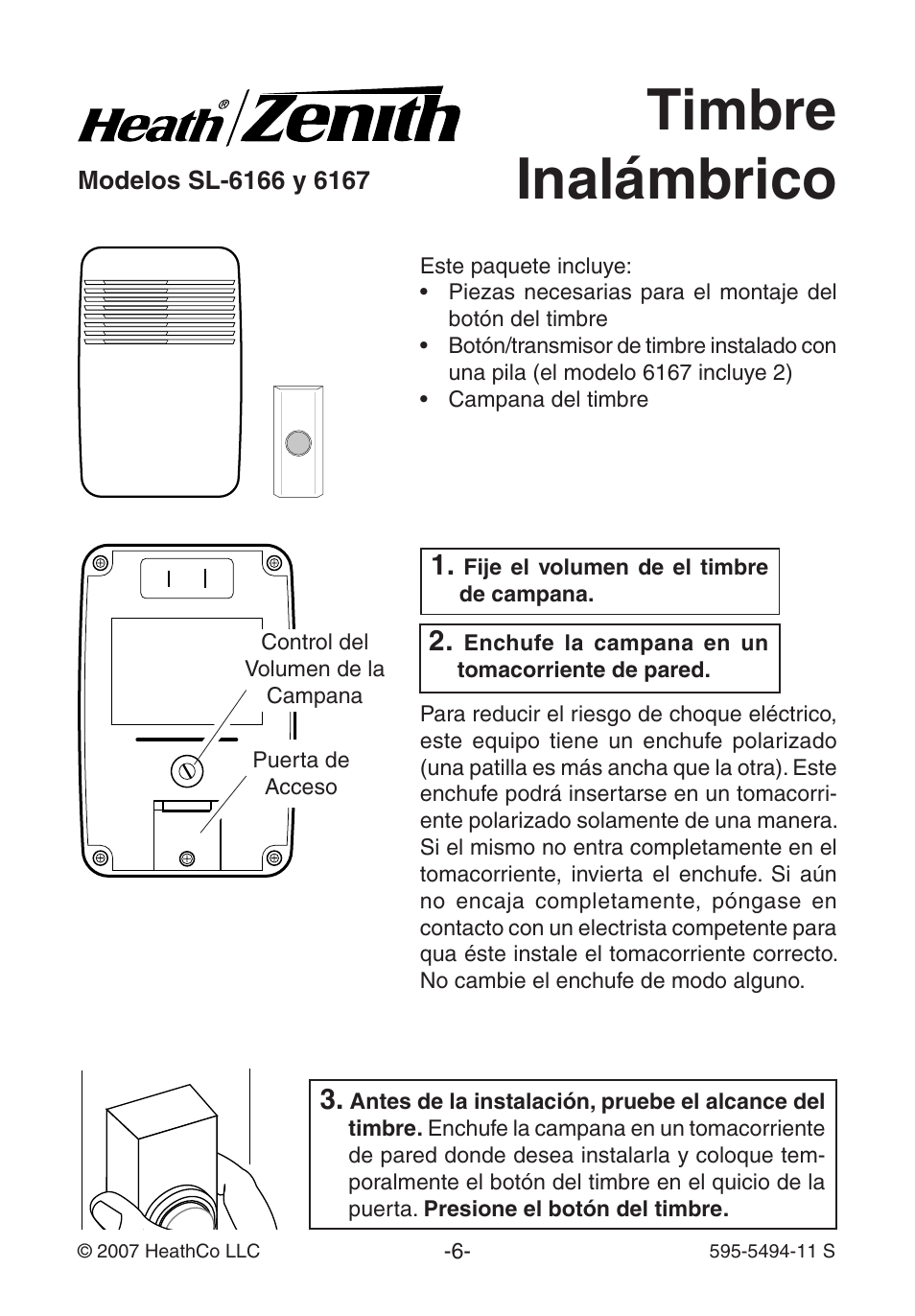 Timbre inalámbrico | Heath Zenith SL-6166 User Manual | Page 6 / 16