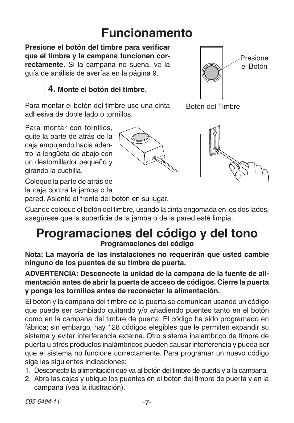 Funcionamento, Programaciones del código y del tono | Heath Zenith SL-6166 User Manual | Page 7 / 16