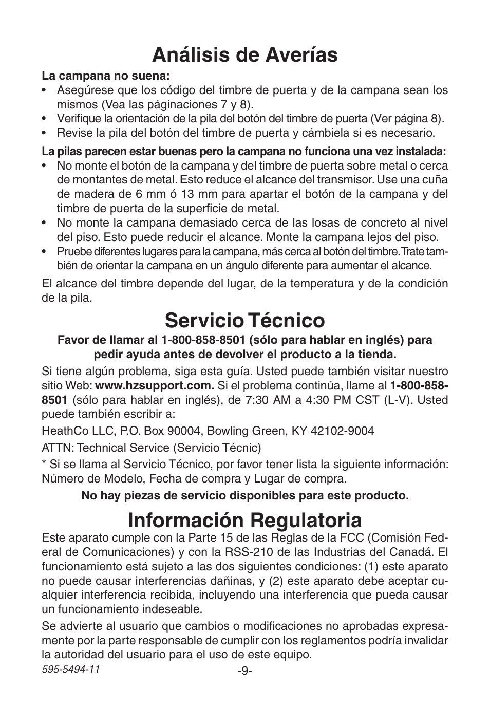Análisis de averías, Servicio técnico, Información regulatoria | Heath Zenith SL-6166 User Manual | Page 9 / 16