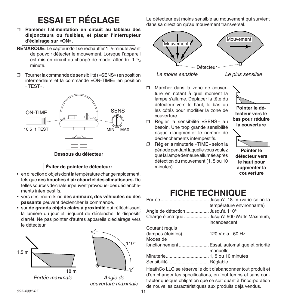 Essai et réglage, Fiche technique | Heath Zenith SL-5210 User Manual | Page 11 / 12