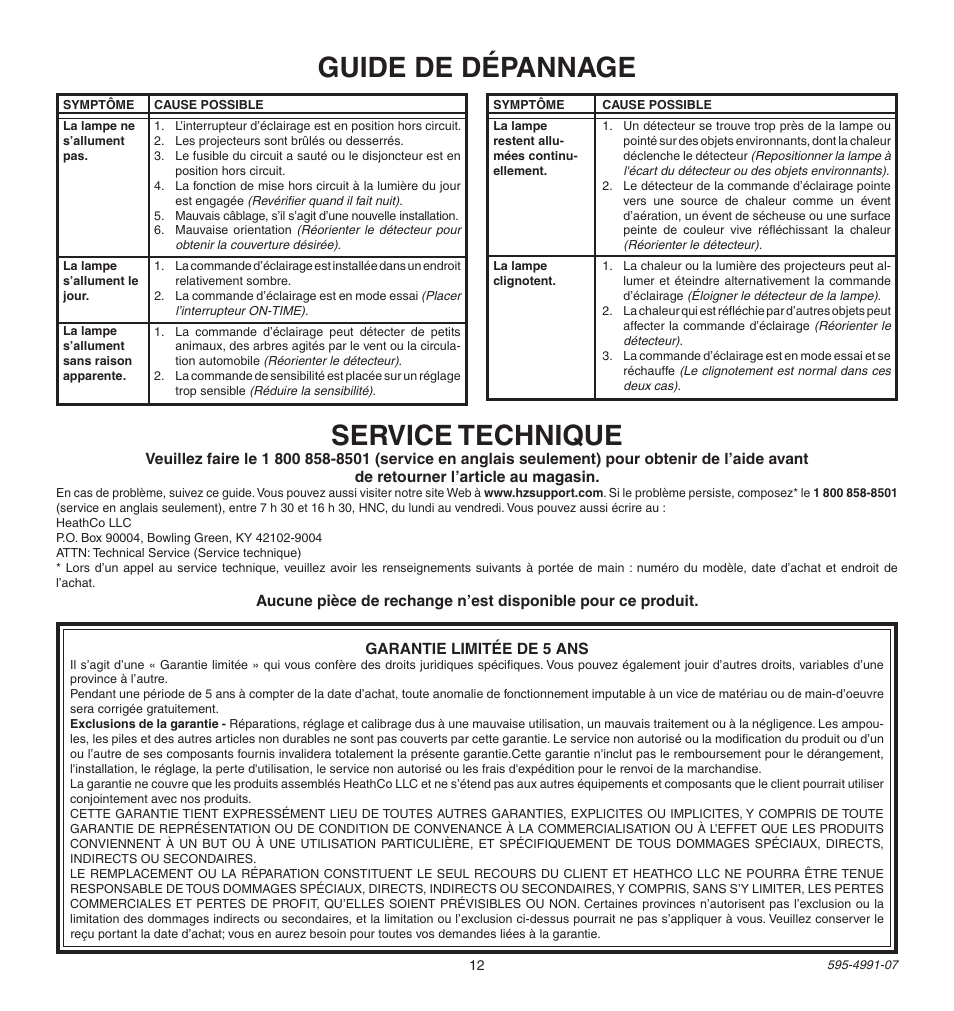 Guide de dépannage, Service technique | Heath Zenith SL-5210 User Manual | Page 12 / 12