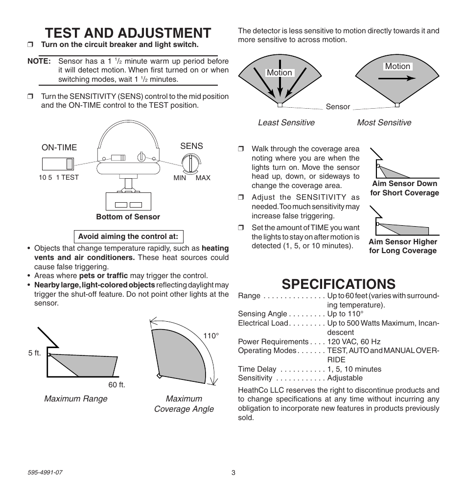 Test and adjustment, Specifications | Heath Zenith SL-5210 User Manual | Page 3 / 12