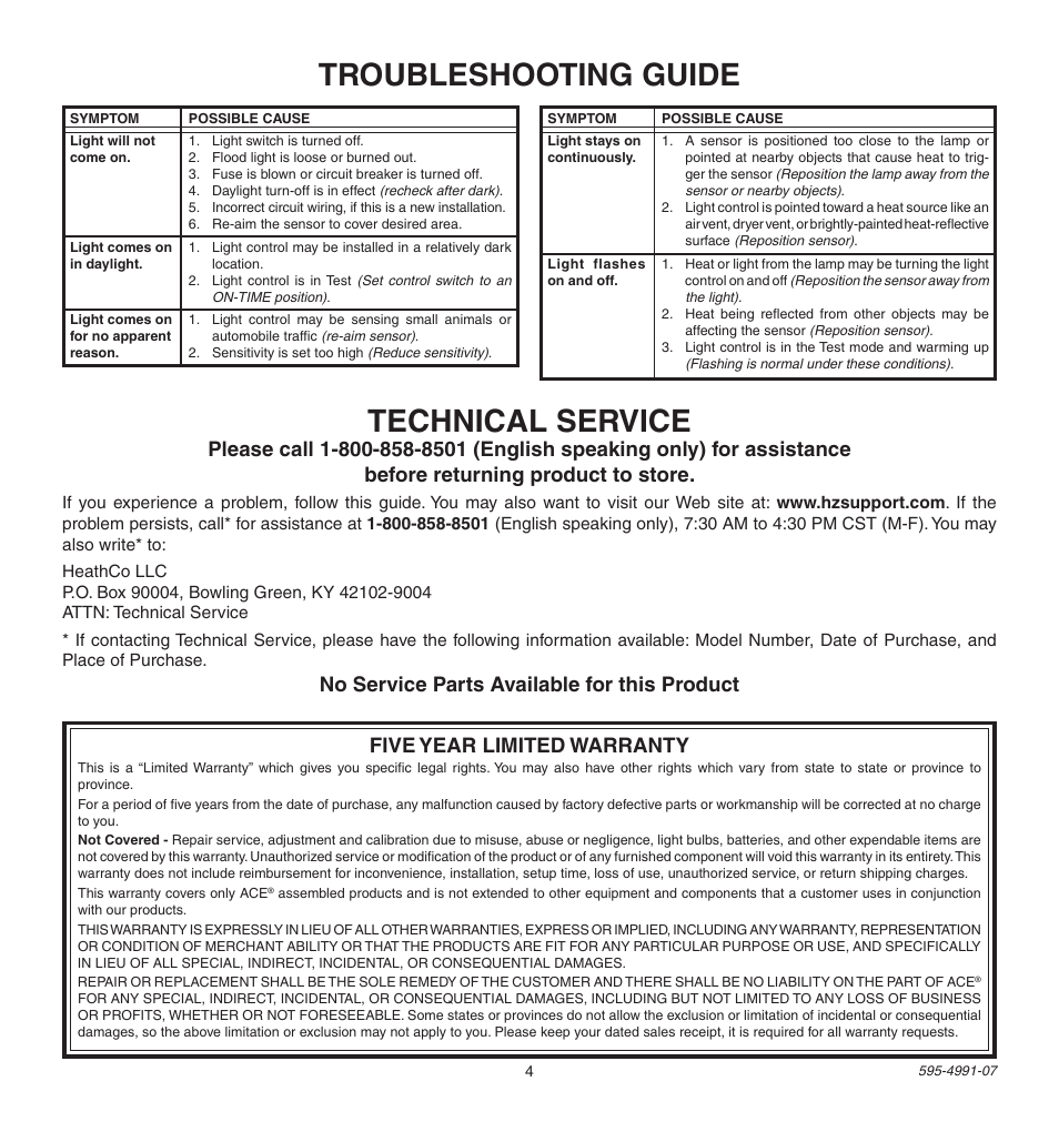 Troubleshooting guide technical service | Heath Zenith SL-5210 User Manual | Page 4 / 12