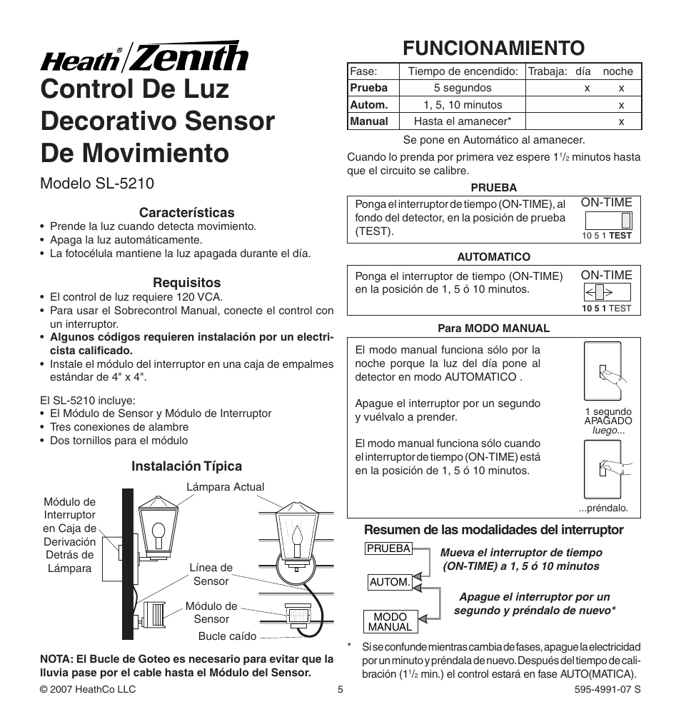 Control de luz decorativo sensor de movimiento, Funcionamiento, Modelo sl-5210 | Heath Zenith SL-5210 User Manual | Page 5 / 12