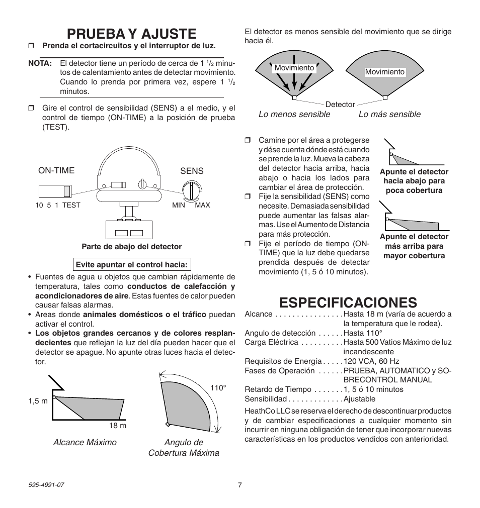 Especificaciones, Prueba y ajuste | Heath Zenith SL-5210 User Manual | Page 7 / 12