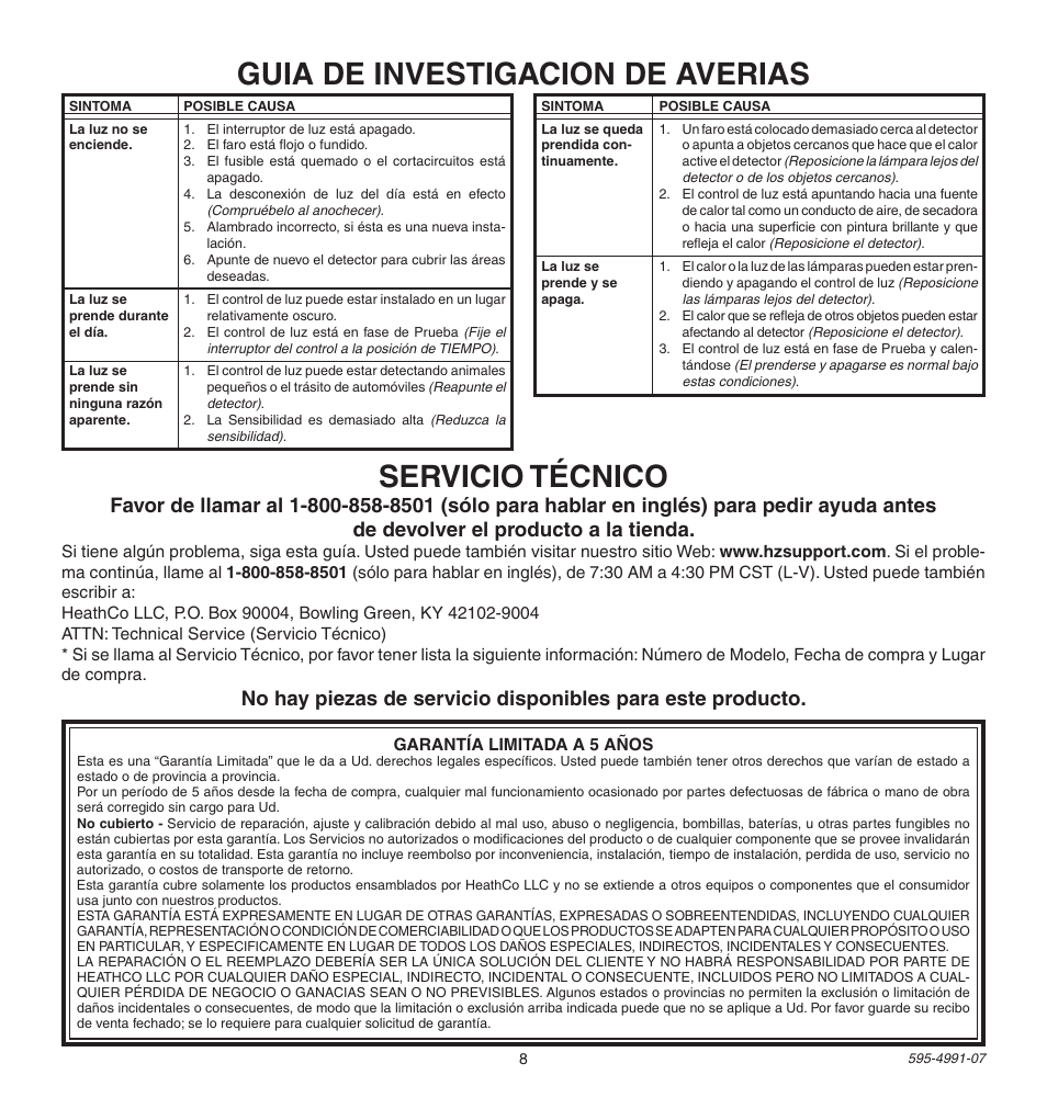 Guia de investigacion de averias servicio técnico | Heath Zenith SL-5210 User Manual | Page 8 / 12