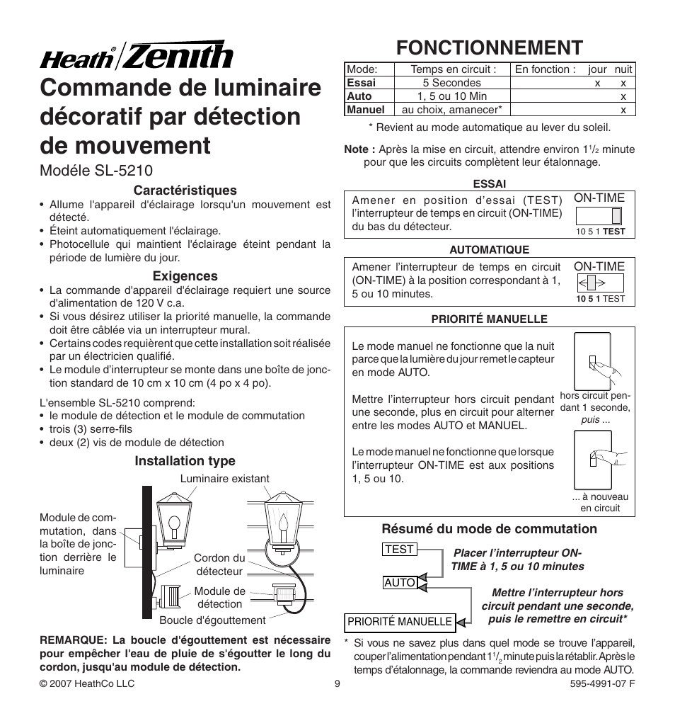 Fonctionnement, Modéle sl-5210 | Heath Zenith SL-5210 User Manual | Page 9 / 12