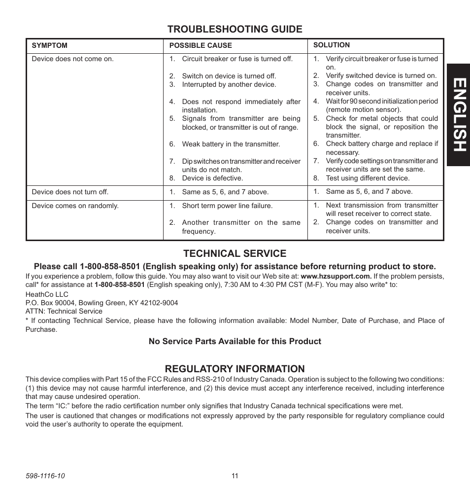 English, Troubleshooting guide, Regulatory information | Technical service | Heath Zenith 598-1116-10 User Manual | Page 11 / 40