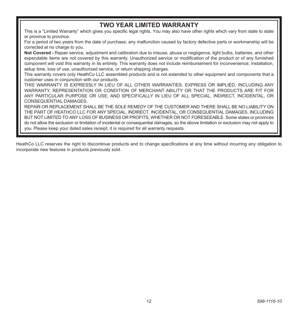 Two year limited warranty | Heath Zenith 598-1116-10 User Manual | Page 12 / 40