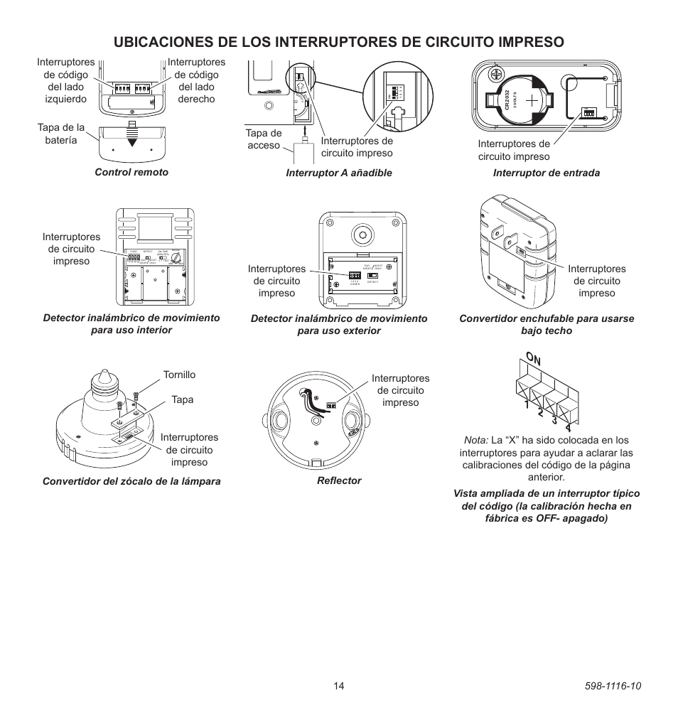 On 1 2 3 4, Interruptores de circuito impreso 1 2 3 4 o n, Interruptor a añadible tapa de acceso | Interruptores de circuito impreso | Heath Zenith 598-1116-10 User Manual | Page 14 / 40