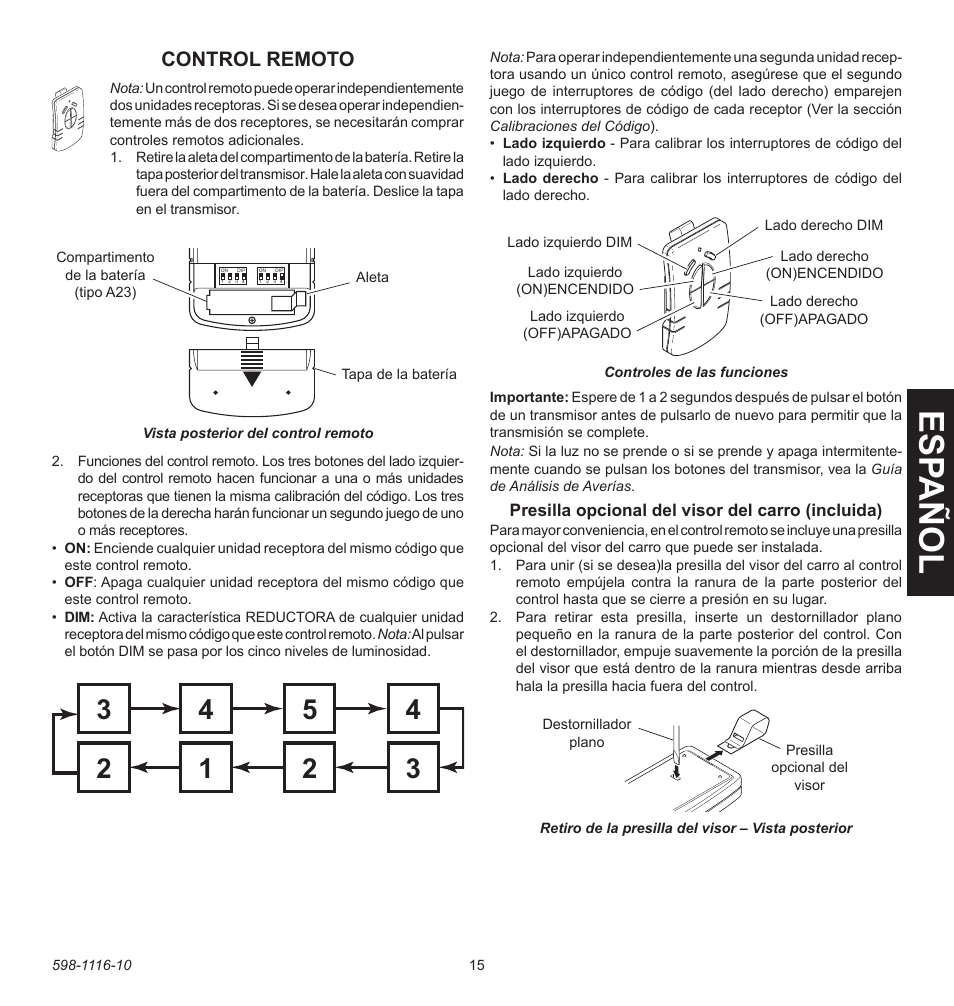 Esp a ñ ol, Control remoto | Heath Zenith 598-1116-10 User Manual | Page 15 / 40