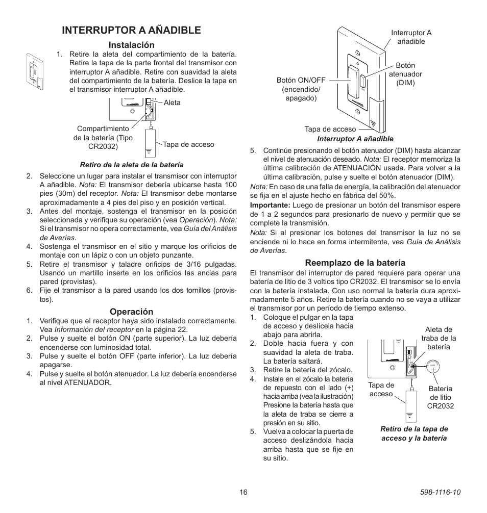 Interruptor a añadible, Reemplazo de la batería, Instalación | Operación | Heath Zenith 598-1116-10 User Manual | Page 16 / 40