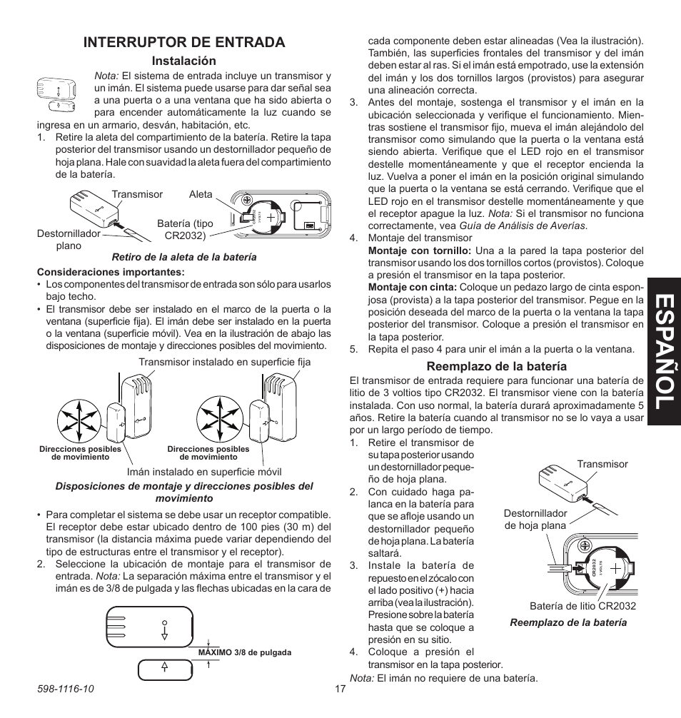 Esp a ñ ol, Interruptor de entrada, Instalación | Reemplazo de la batería | Heath Zenith 598-1116-10 User Manual | Page 17 / 40