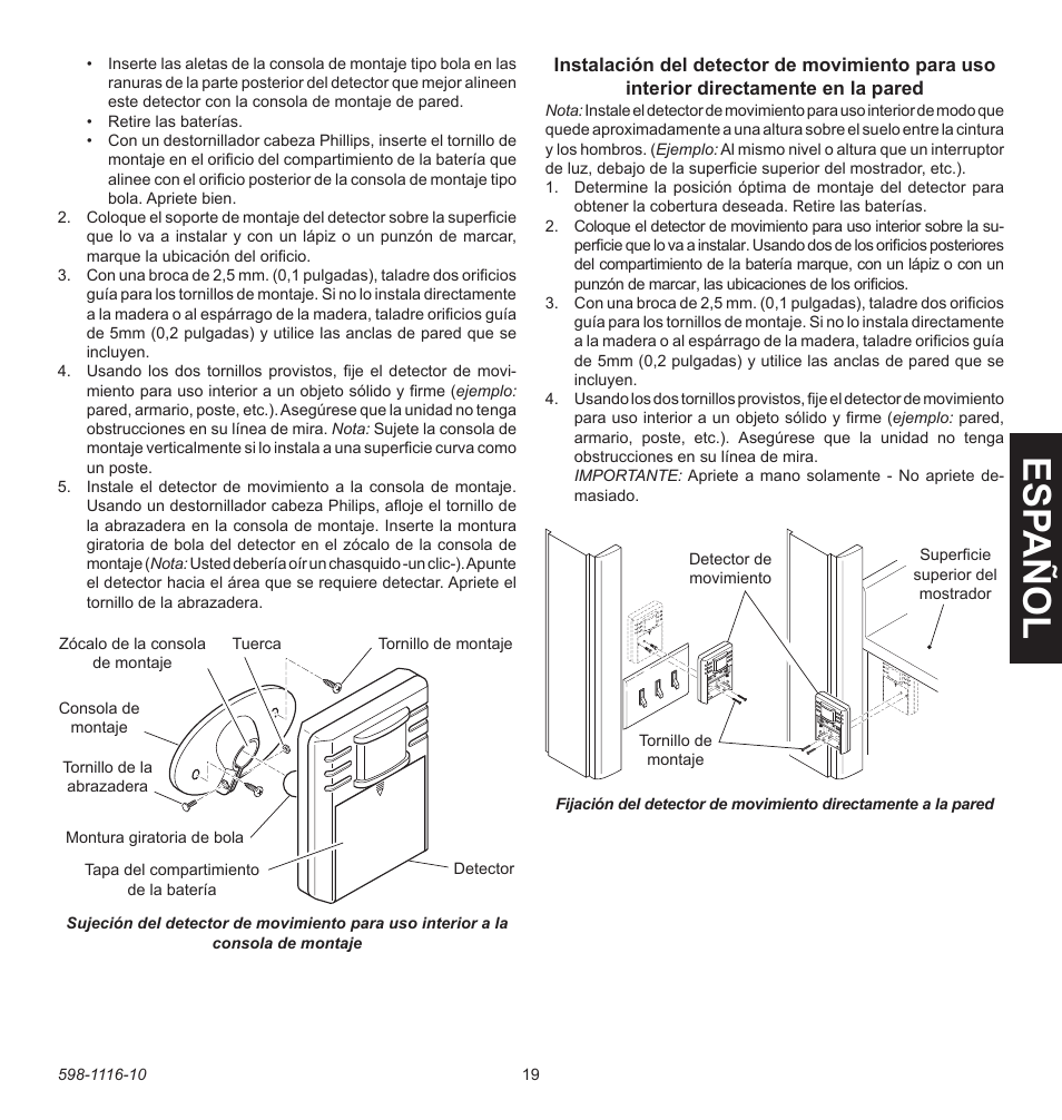 Esp a ñ ol | Heath Zenith 598-1116-10 User Manual | Page 19 / 40