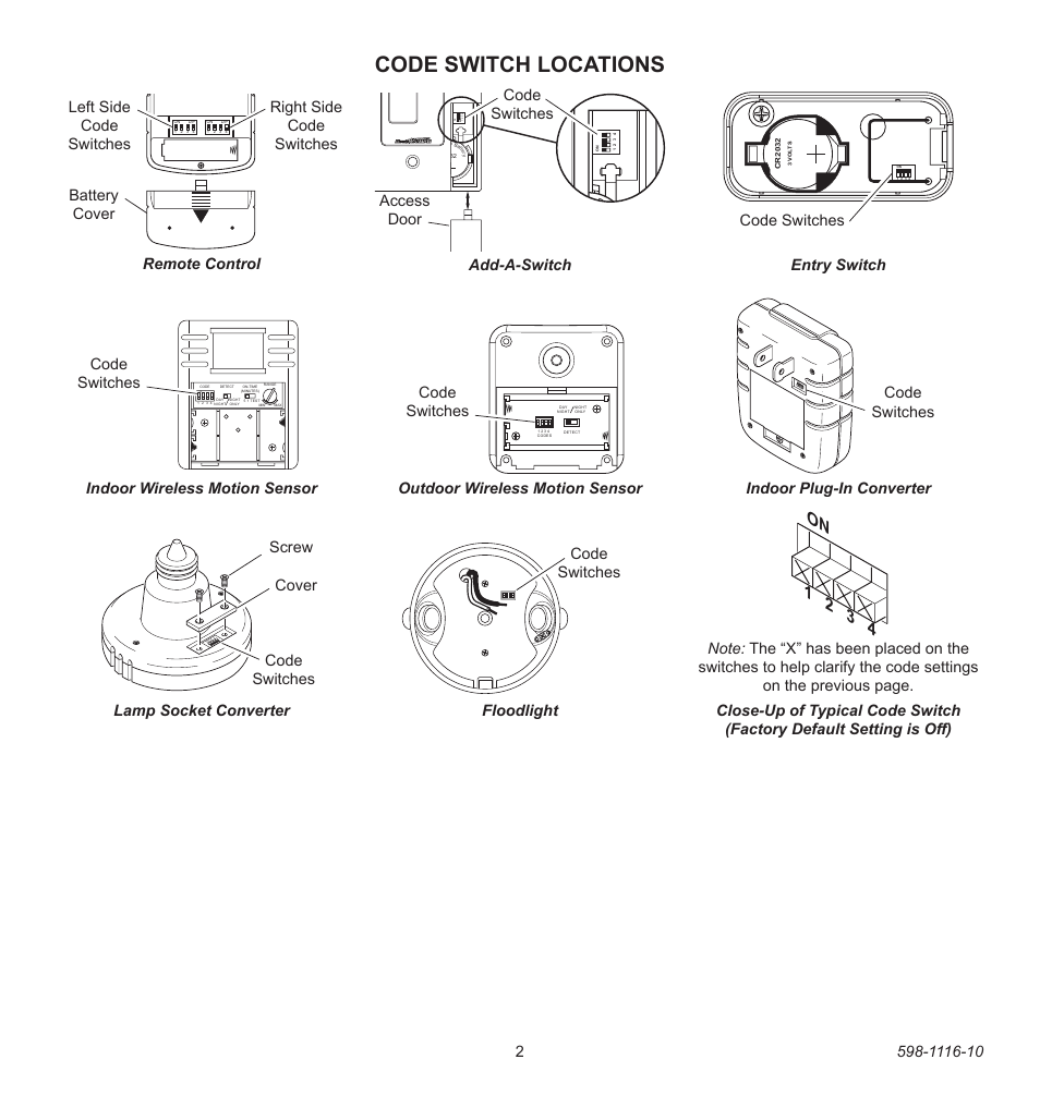 Code switch locations, On 1 2 3 4, Code switches 1 2 3 4 o n | Add-a-switch access door, Entry switch floodlight lamp socket converter, Code switches, Code switches remote control | Heath Zenith 598-1116-10 User Manual | Page 2 / 40