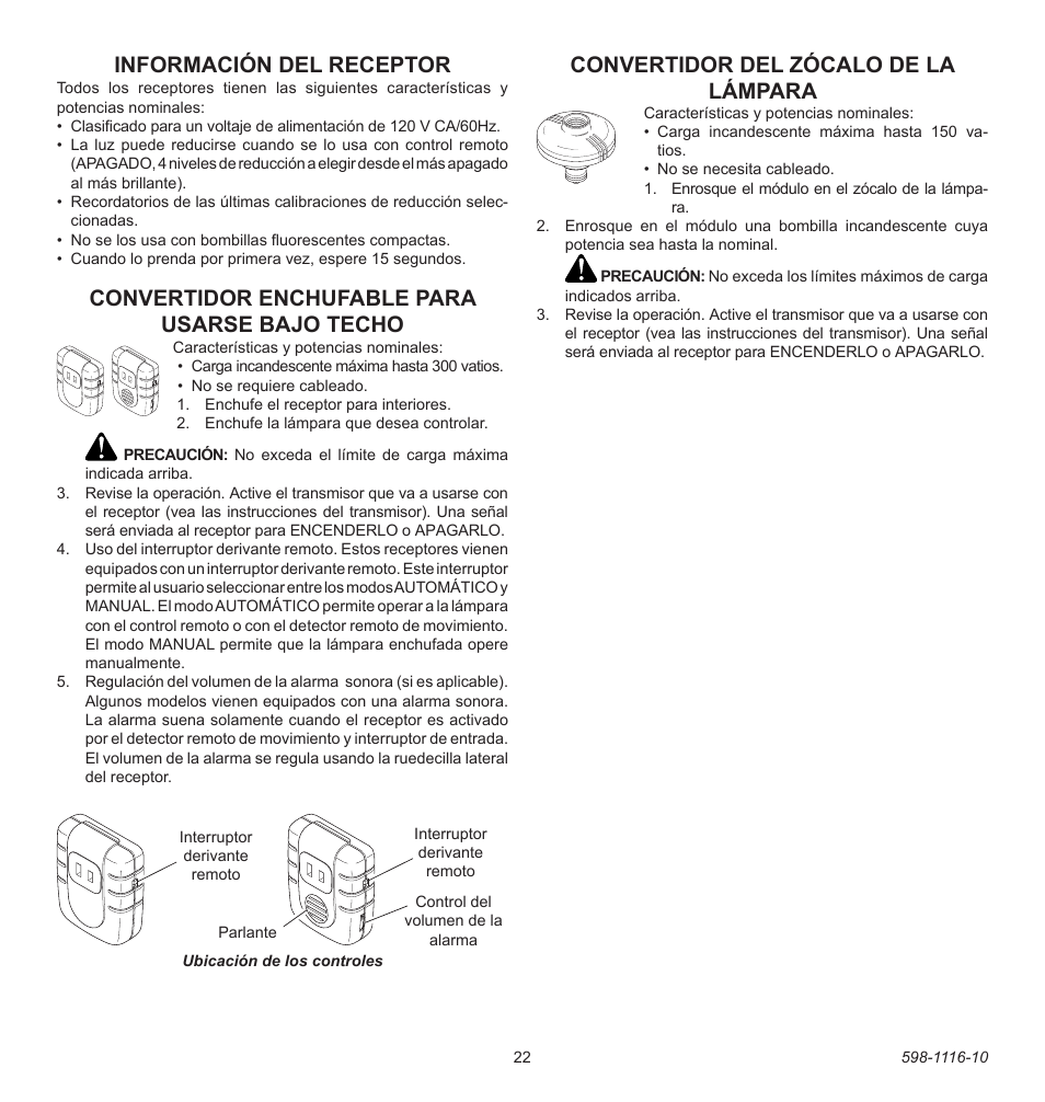 Información del receptor, Convertidor enchufable para usarse bajo techo, Convertidor del zócalo de la lámpara | Heath Zenith 598-1116-10 User Manual | Page 22 / 40
