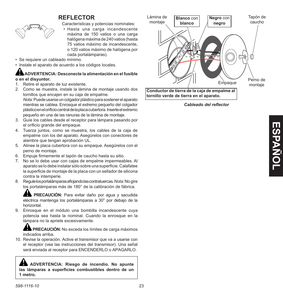Esp a ñ ol, Reflector | Heath Zenith 598-1116-10 User Manual | Page 23 / 40