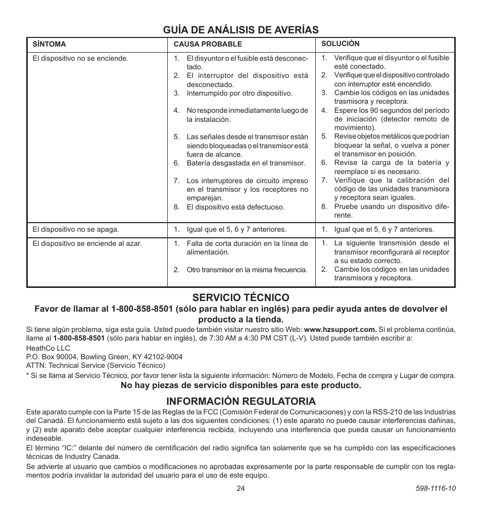 Información regulatoria, Guía de análisis de averías, Servicio técnico | Heath Zenith 598-1116-10 User Manual | Page 24 / 40