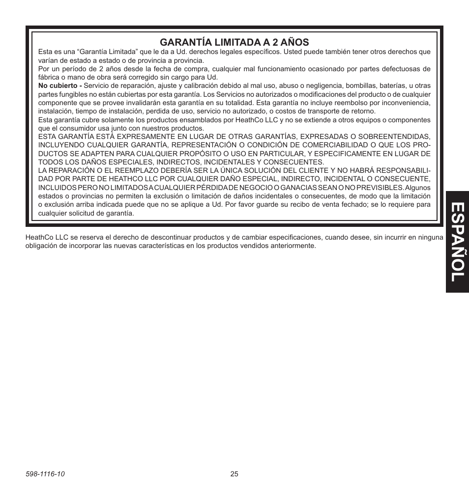 Esp a ñ ol | Heath Zenith 598-1116-10 User Manual | Page 25 / 40