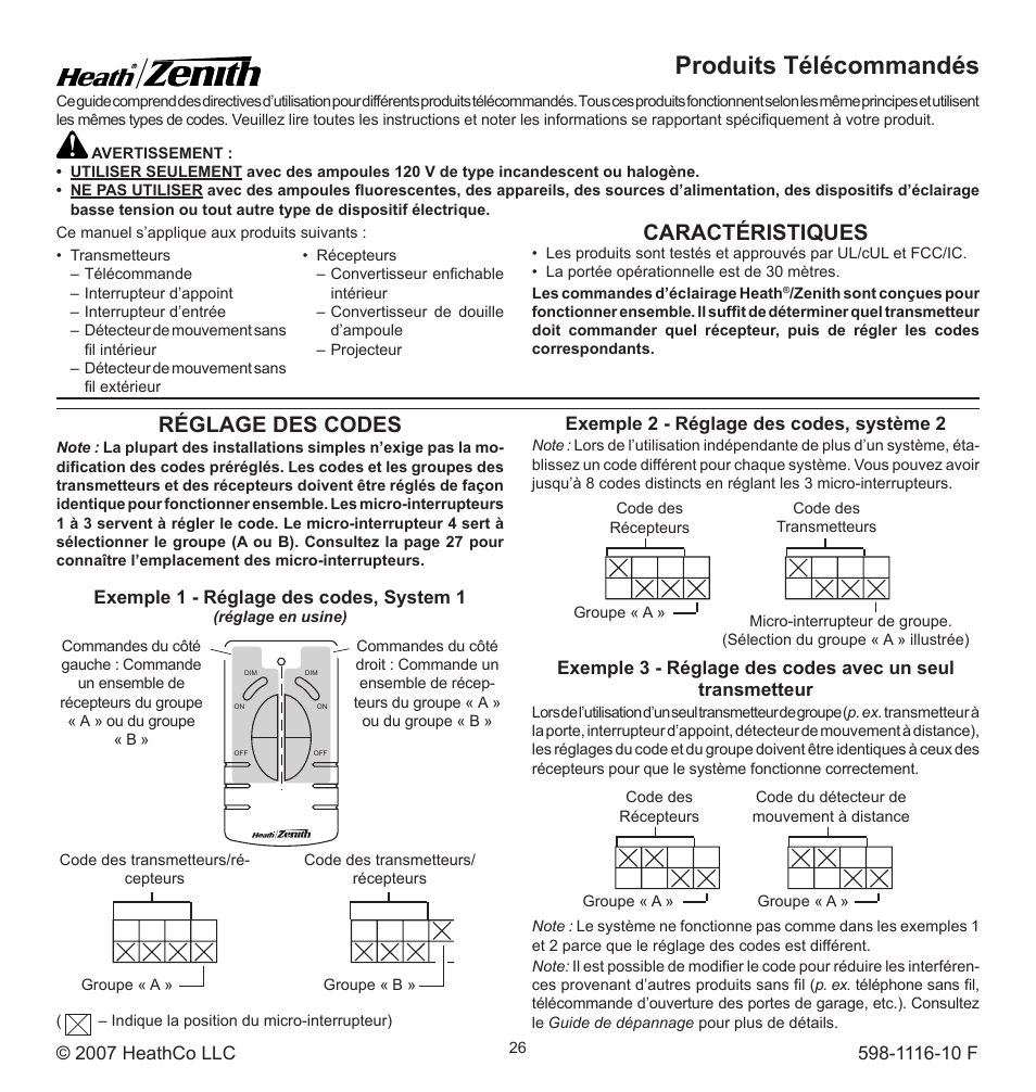 Produits télécommandés, Caractéristiques, Réglage des codes | Heath Zenith 598-1116-10 User Manual | Page 26 / 40