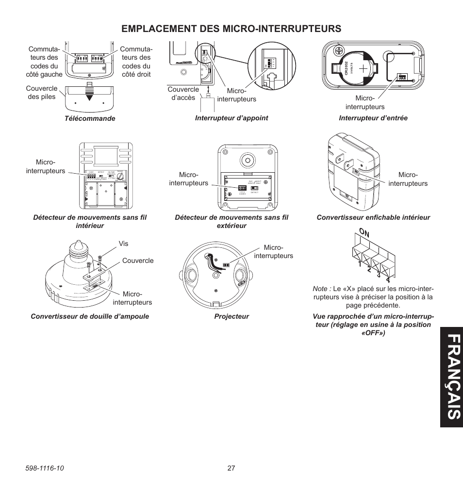 Fran ç ais, Emplacement des micro-interrupteurs, On 1 2 3 4 | Micro- interrupteurs 1 2 3 4 o n, Interrupteur d’appoint couvercle d’accès, Micro- interrupteurs, Micro- interrupteurs télécommande | Heath Zenith 598-1116-10 User Manual | Page 27 / 40