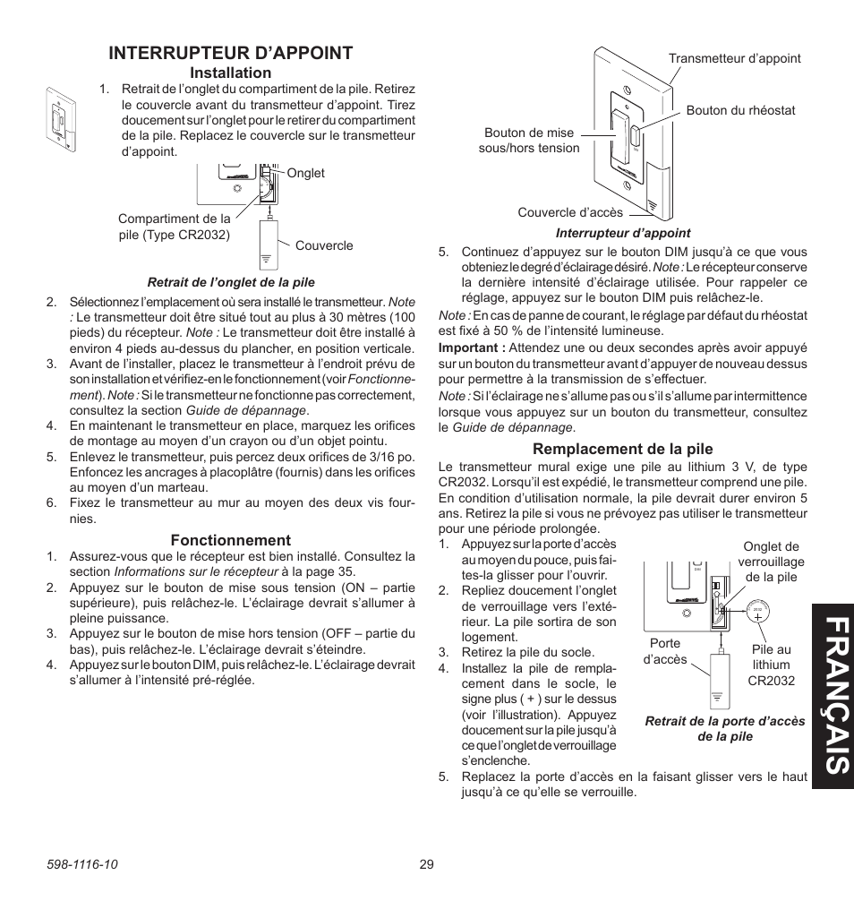 Fran ç ais, Interrupteur d’appoint, Remplacement de la pile | Installation, Fonctionnement | Heath Zenith 598-1116-10 User Manual | Page 29 / 40
