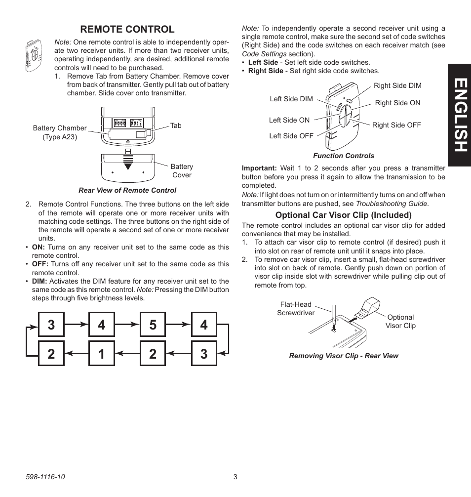 English, Remote control | Heath Zenith 598-1116-10 User Manual | Page 3 / 40