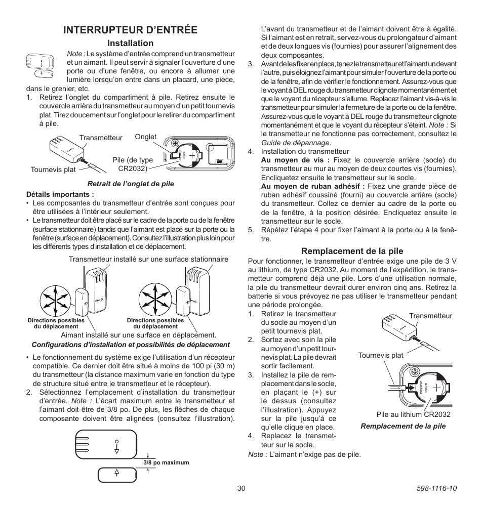 Interrupteur d’entrée, Installation, Remplacement de la pile | Heath Zenith 598-1116-10 User Manual | Page 30 / 40
