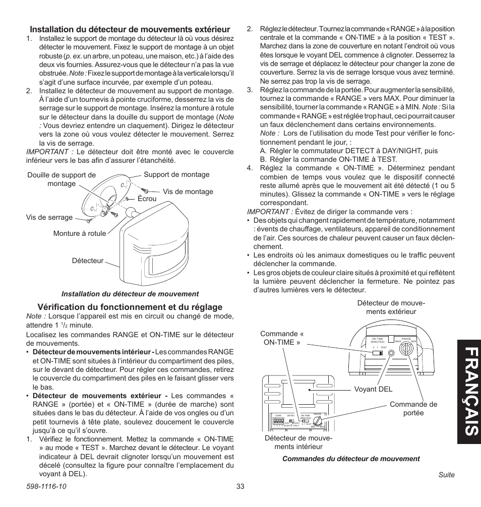 Fran ç ais, Installation du détecteur de mouvements extérieur, Vérification du fonctionnement et du réglage | Heath Zenith 598-1116-10 User Manual | Page 33 / 40