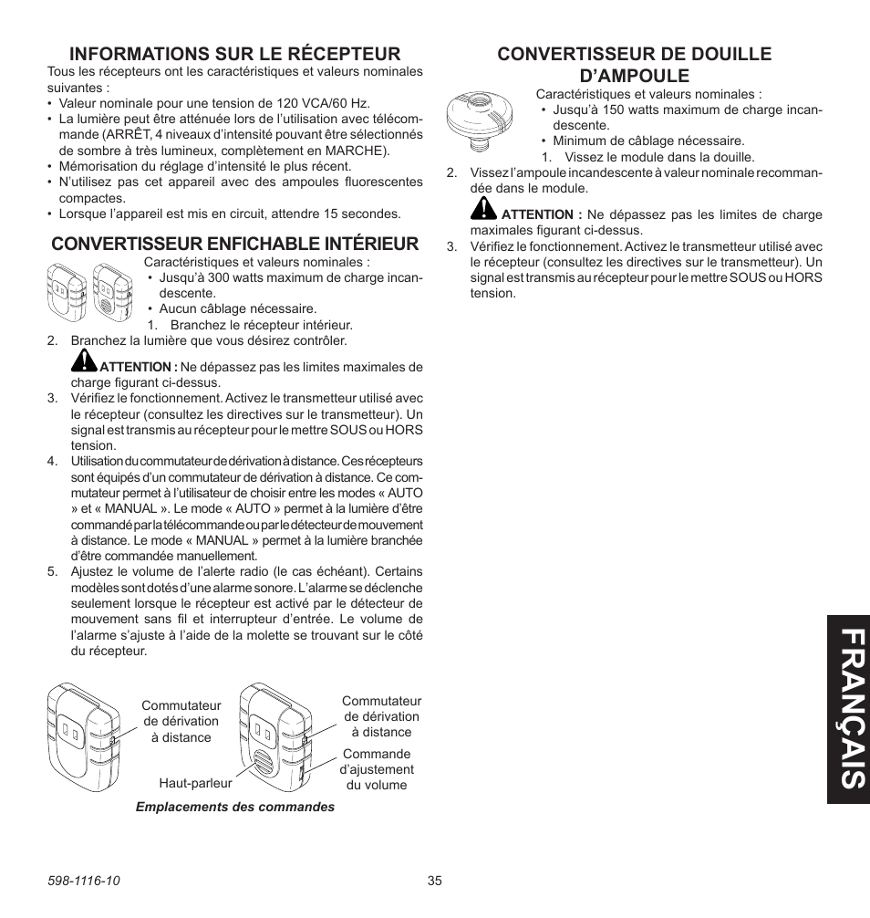 Fran ç ais, Informations sur le récepteur, Convertisseur enfichable intérieur | Convertisseur de douille d’ampoule | Heath Zenith 598-1116-10 User Manual | Page 35 / 40