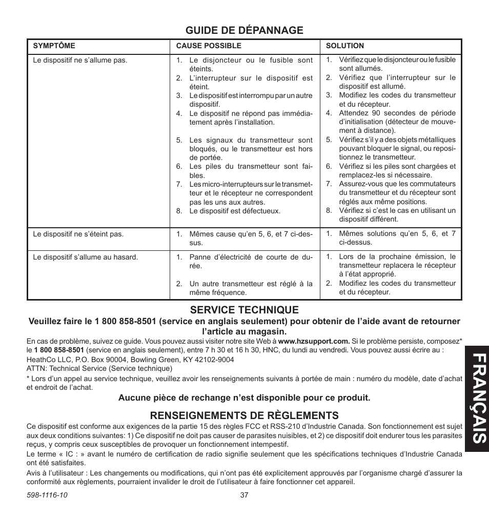 Fran ç ais, Renseignements de règlements, Guide de dépannage | Service technique | Heath Zenith 598-1116-10 User Manual | Page 37 / 40