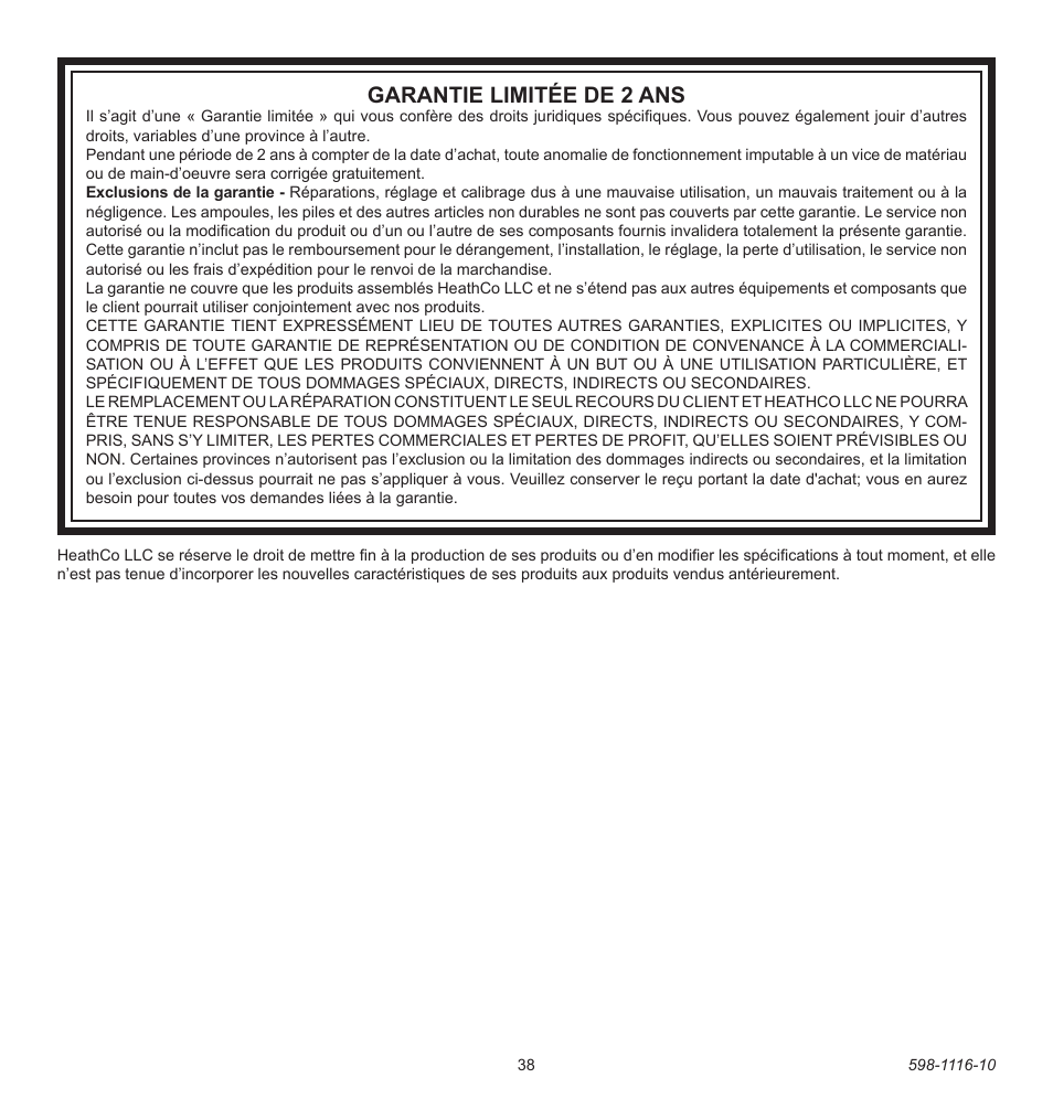 Garantie limitée de 2 ans | Heath Zenith 598-1116-10 User Manual | Page 38 / 40