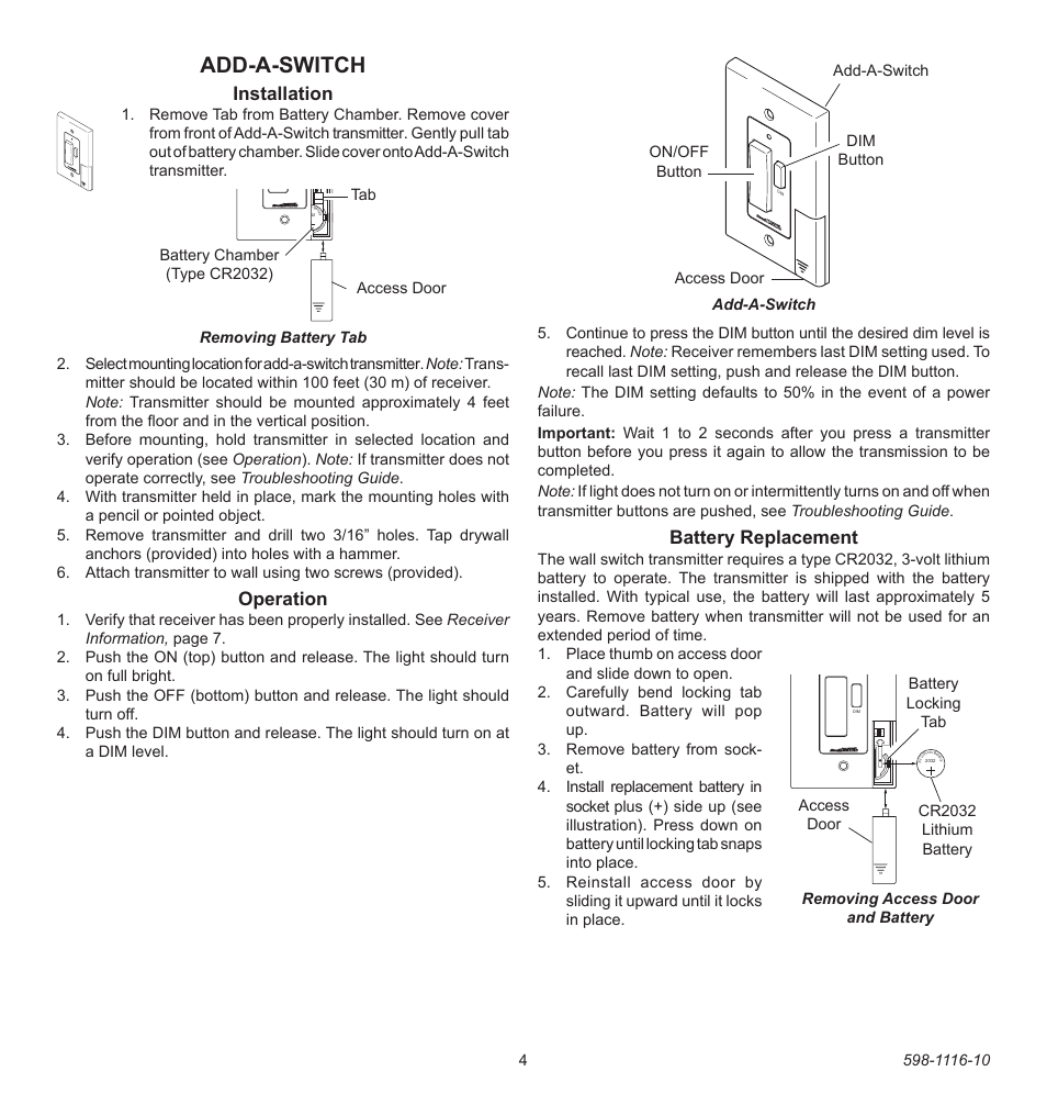 Add-a-switch, Battery replacement, Installation | Operation | Heath Zenith 598-1116-10 User Manual | Page 4 / 40