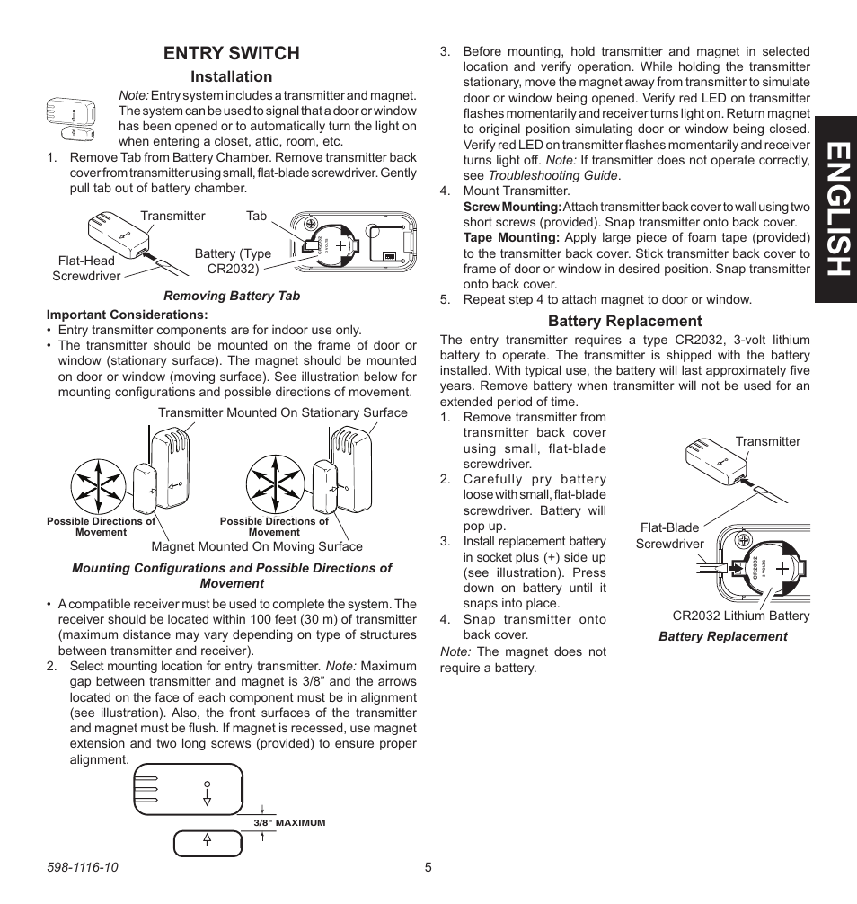 English, Entry switch, Installation | Battery replacement | Heath Zenith 598-1116-10 User Manual | Page 5 / 40
