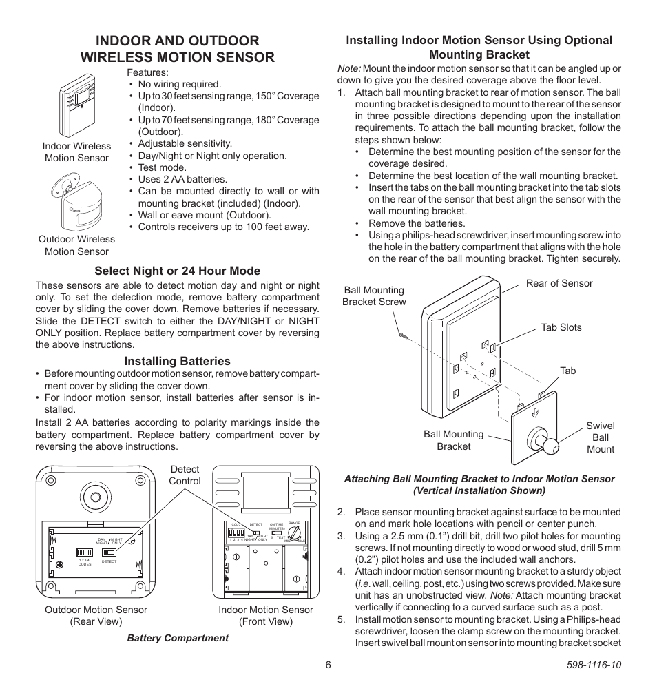 Indoor and outdoor wireless motion sensor, Select night or 24 hour mode, Installing batteries | Heath Zenith 598-1116-10 User Manual | Page 6 / 40