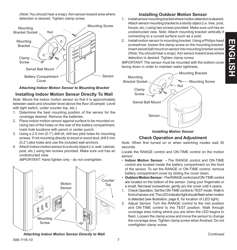 English, Installing indoor motion sensor directly to wall, Installing outdoor motion sensor | Check operation and adjustment | Heath Zenith 598-1116-10 User Manual | Page 7 / 40