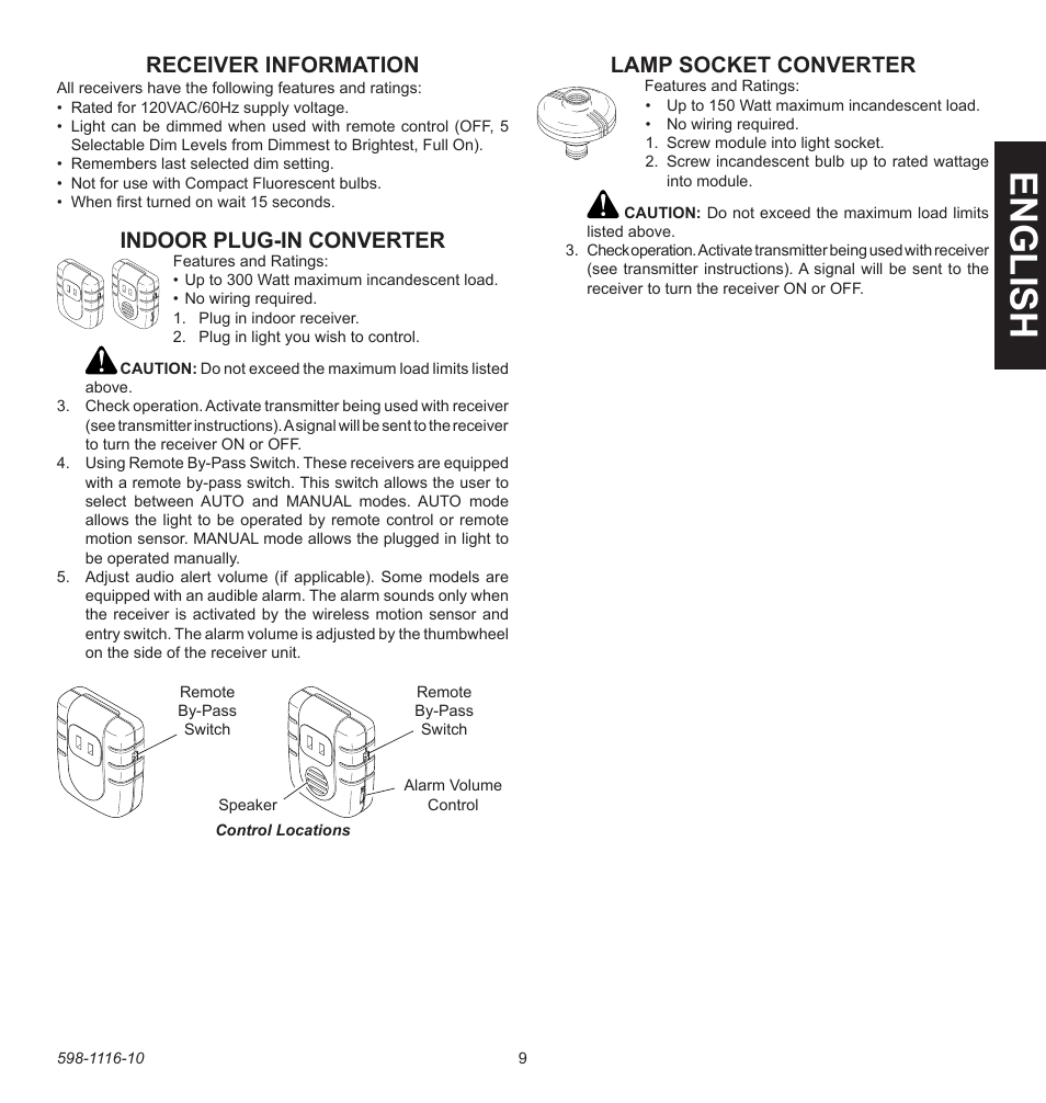 English, Receiver information, Indoor plug-in converter | Lamp socket converter | Heath Zenith 598-1116-10 User Manual | Page 9 / 40