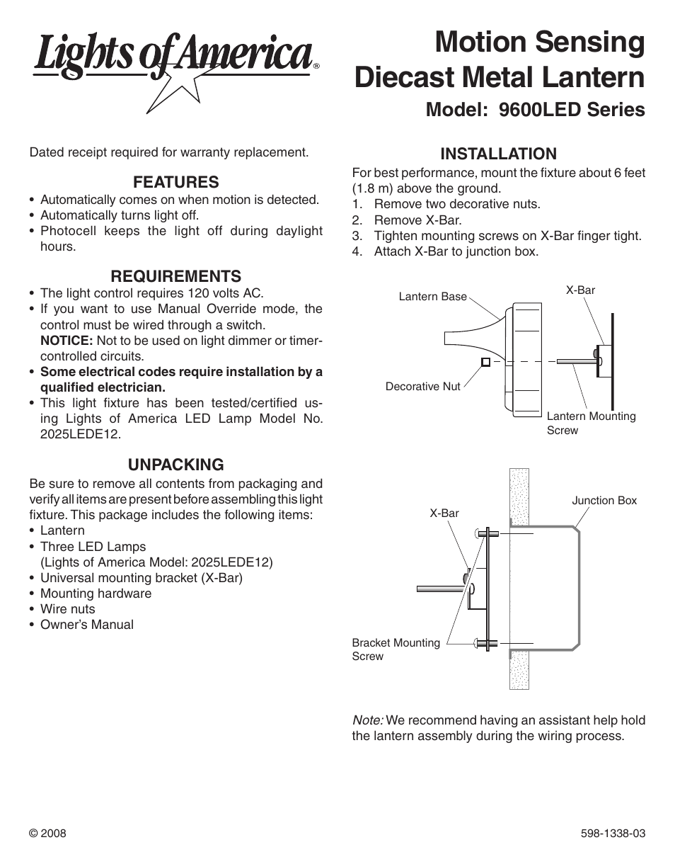 Heath Zenith Motion Sensing Diecast Metal Lantern 9600LED series User Manual | 24 pages