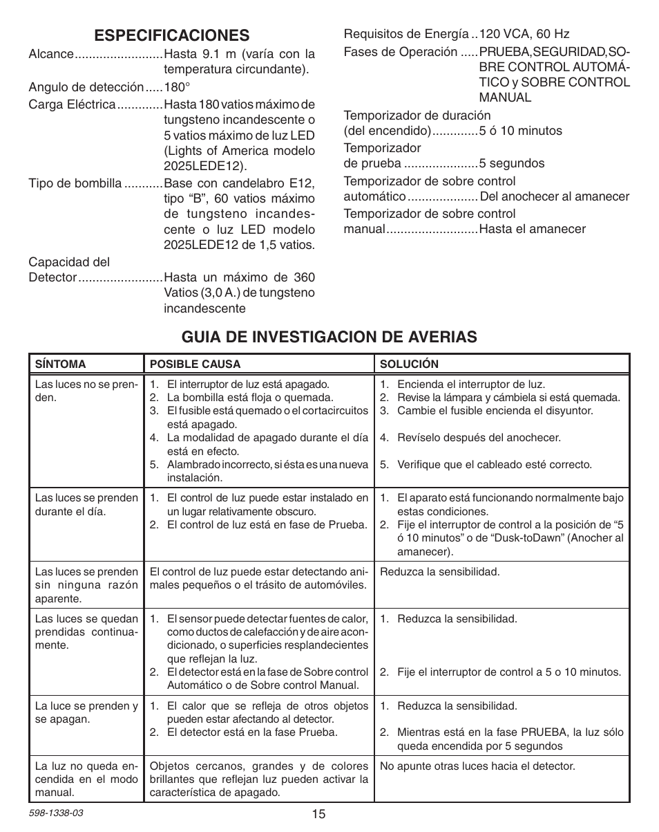 Especificaciones, Guia de investigacion de averias | Heath Zenith Motion Sensing Diecast Metal Lantern 9600LED series User Manual | Page 15 / 24