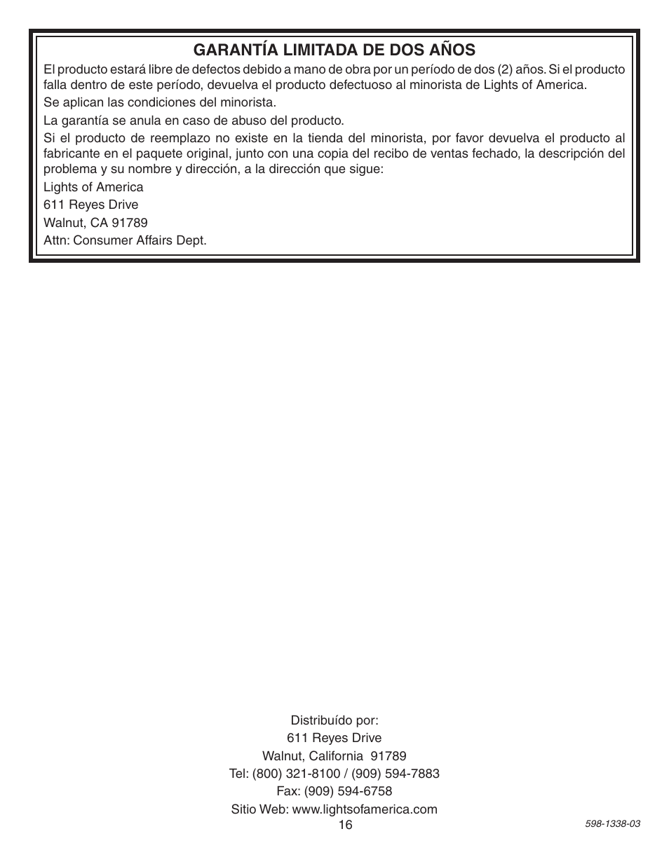 Garantía limitada de dos años | Heath Zenith Motion Sensing Diecast Metal Lantern 9600LED series User Manual | Page 16 / 24