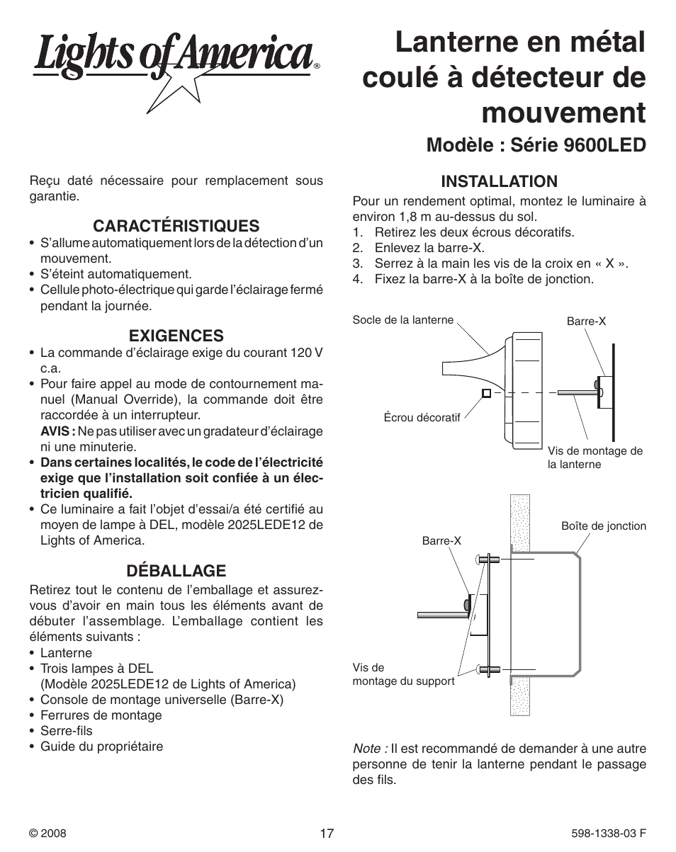 Lanterne en métal coulé à détecteur de mouvement, Modèle : série 9600led | Heath Zenith Motion Sensing Diecast Metal Lantern 9600LED series User Manual | Page 17 / 24
