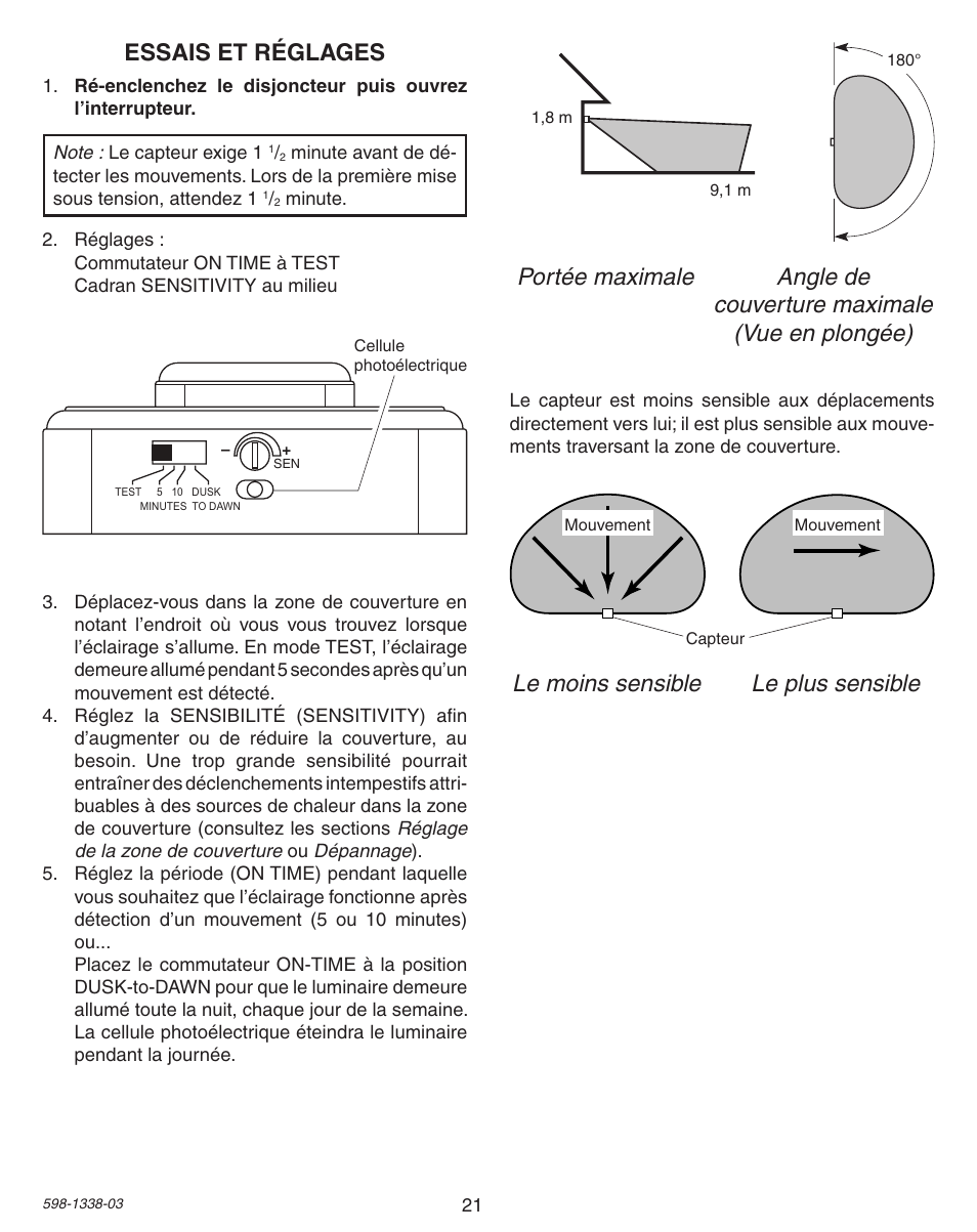 Essais et réglages, Le moins sensible le plus sensible | Heath Zenith Motion Sensing Diecast Metal Lantern 9600LED series User Manual | Page 21 / 24