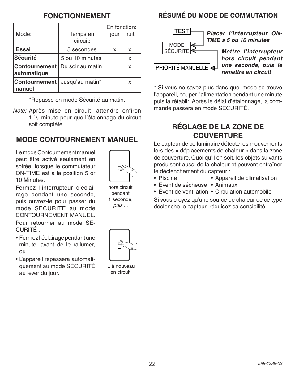 Fonctionnement, Réglage de la zone de couverture, Mode contournement manuel | Heath Zenith Motion Sensing Diecast Metal Lantern 9600LED series User Manual | Page 22 / 24